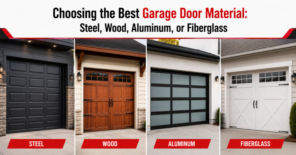 Side-by-side comparison of steel, wood, aluminum, and fiberglass garage doors