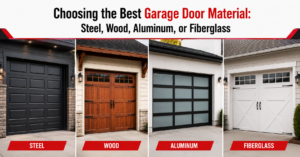 Side-by-side comparison of steel, wood, aluminum, and fiberglass garage doors