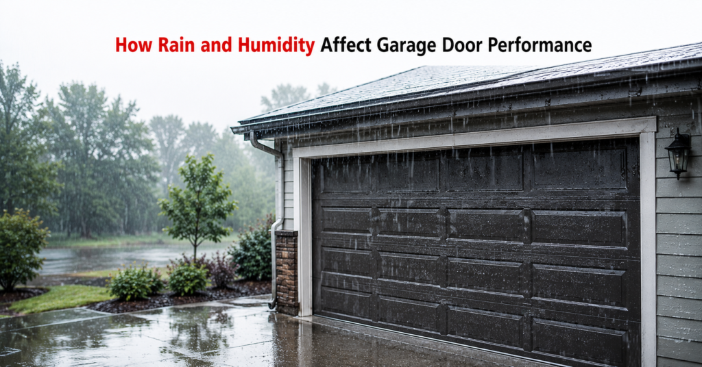 Rain droplets on a garage door showing humidity-related wear