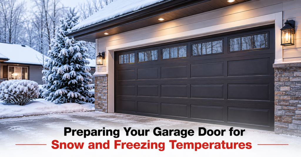 Snow-covered garage door prepared for freezing winter temperatures