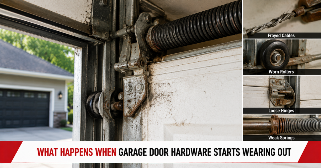 Worn garage door hardware rollers and hinges